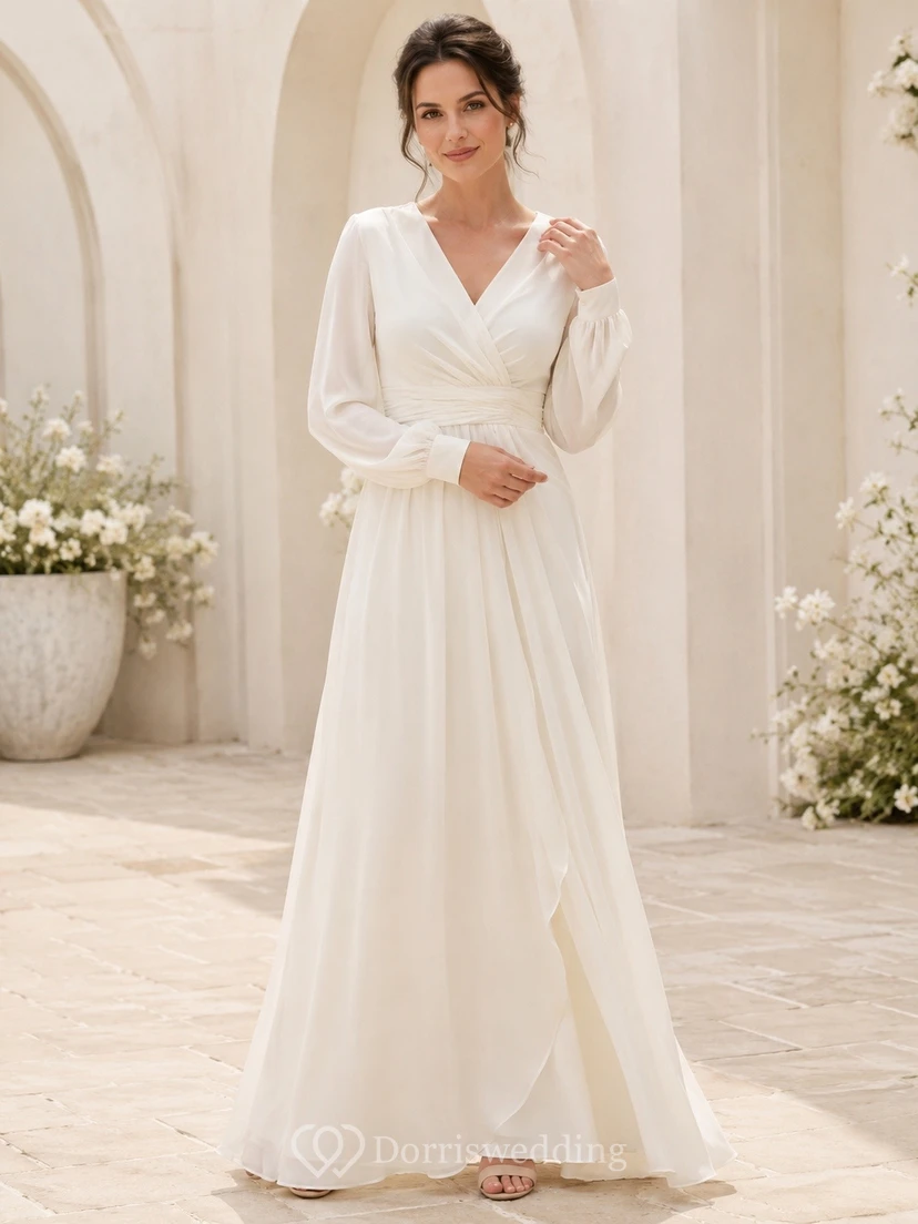 Vestido de novia modesto de gasa, corte en A, largo hasta el suelo, escote en V y manga larga