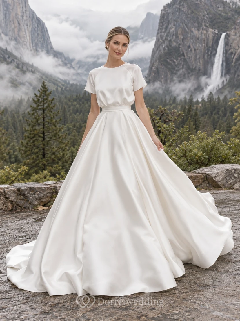 Vestido de novia sencillo de satén fruncido con escote barco y mangas cortas, largo hasta el suelo.
