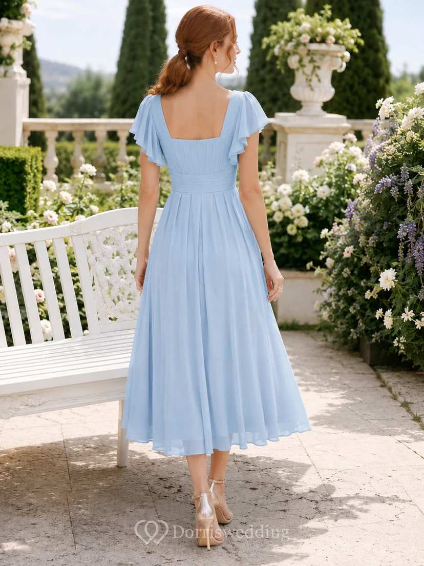 Sky Blue Square Neck Flutter Sleeve Chiffon Tea Guest Dress view 2