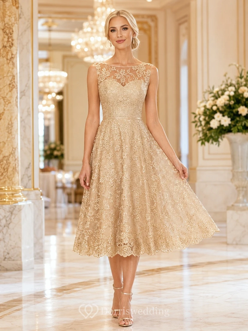 Champagne Lace Sweetheart Sleeveless Embroidered Tea-Length Formal Dress
