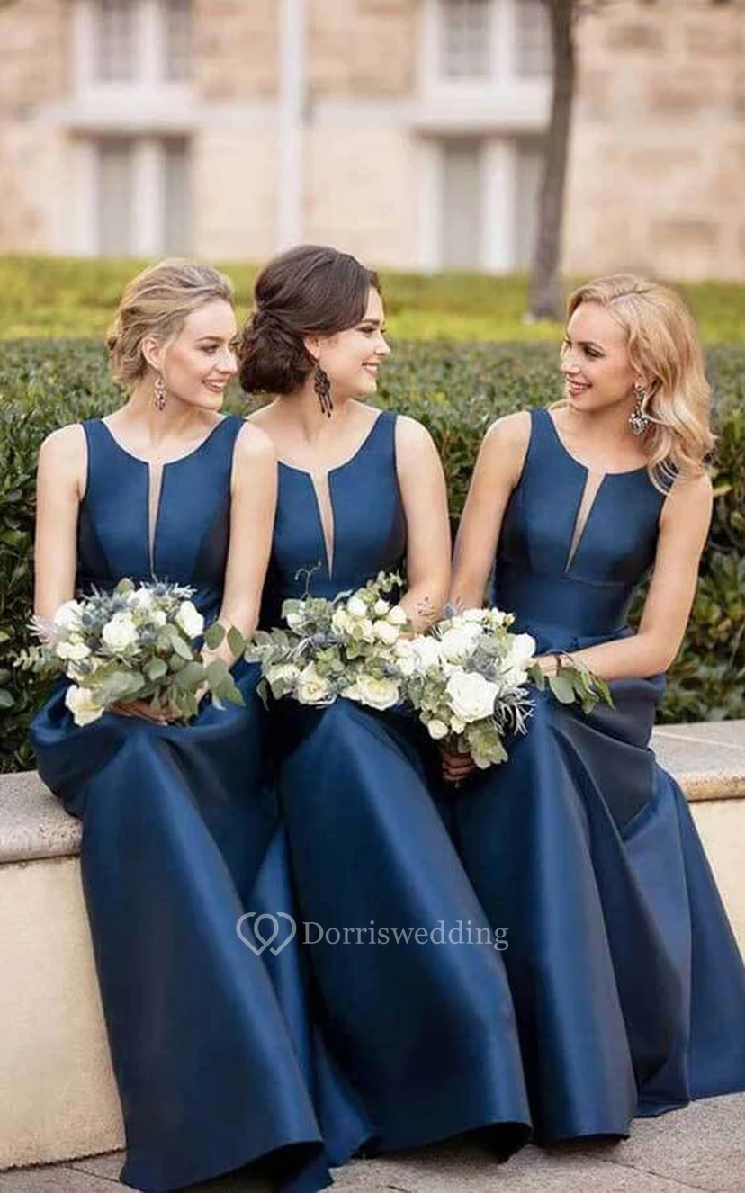 Satin Navy Blue Sleeveless Notched Solid Satin Bridesmaid Dress view 2
