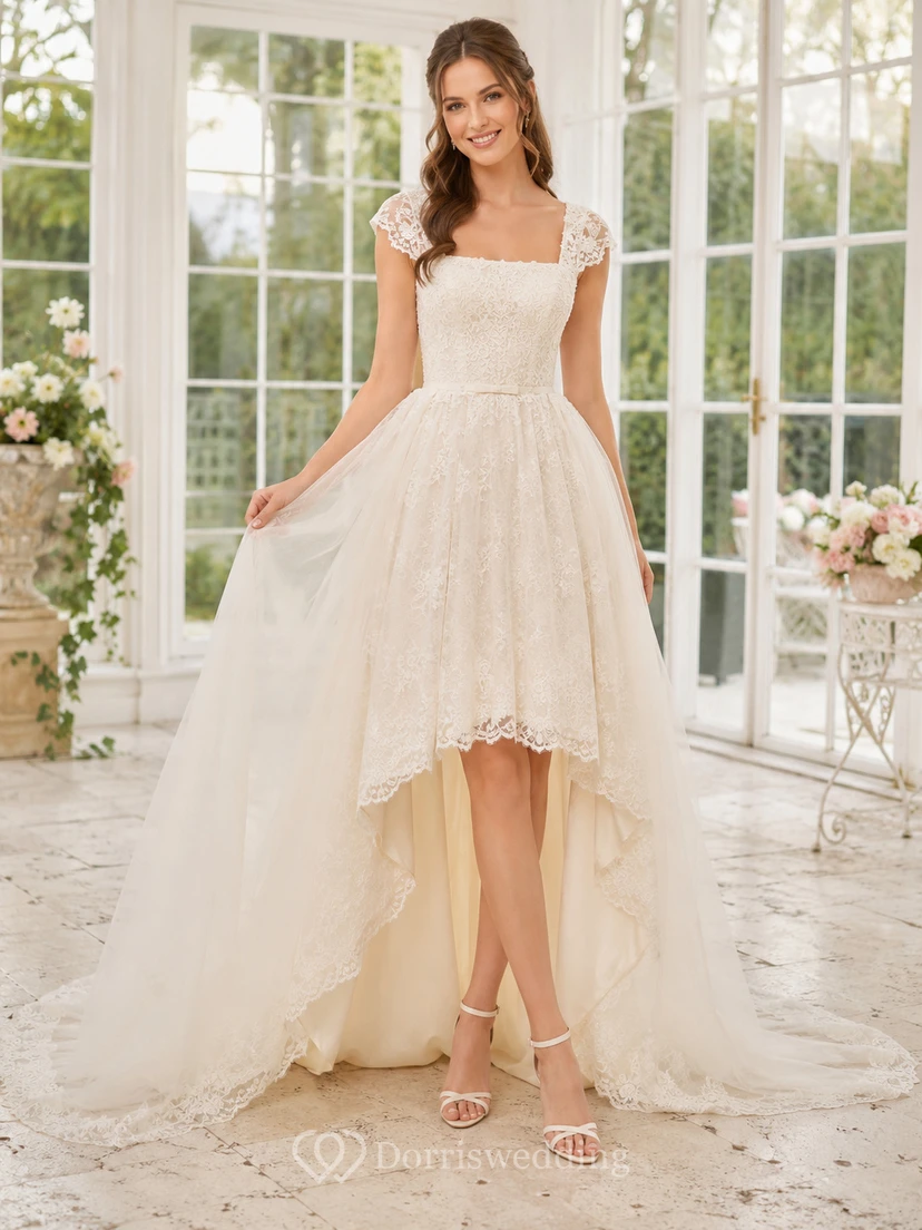 Vintage Square Neck Cap Sleeve Lace High Low A-Line Wedding Dress