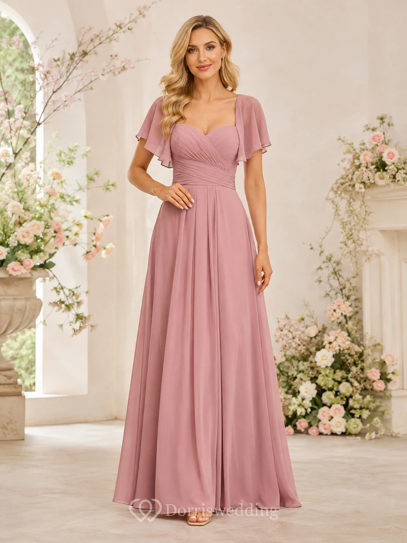 Robe de demoiselle d'honneur en mousseline rose poudré, col en V, manches cloche, coupe empire et longueur A, en mousseline, longueur au sol