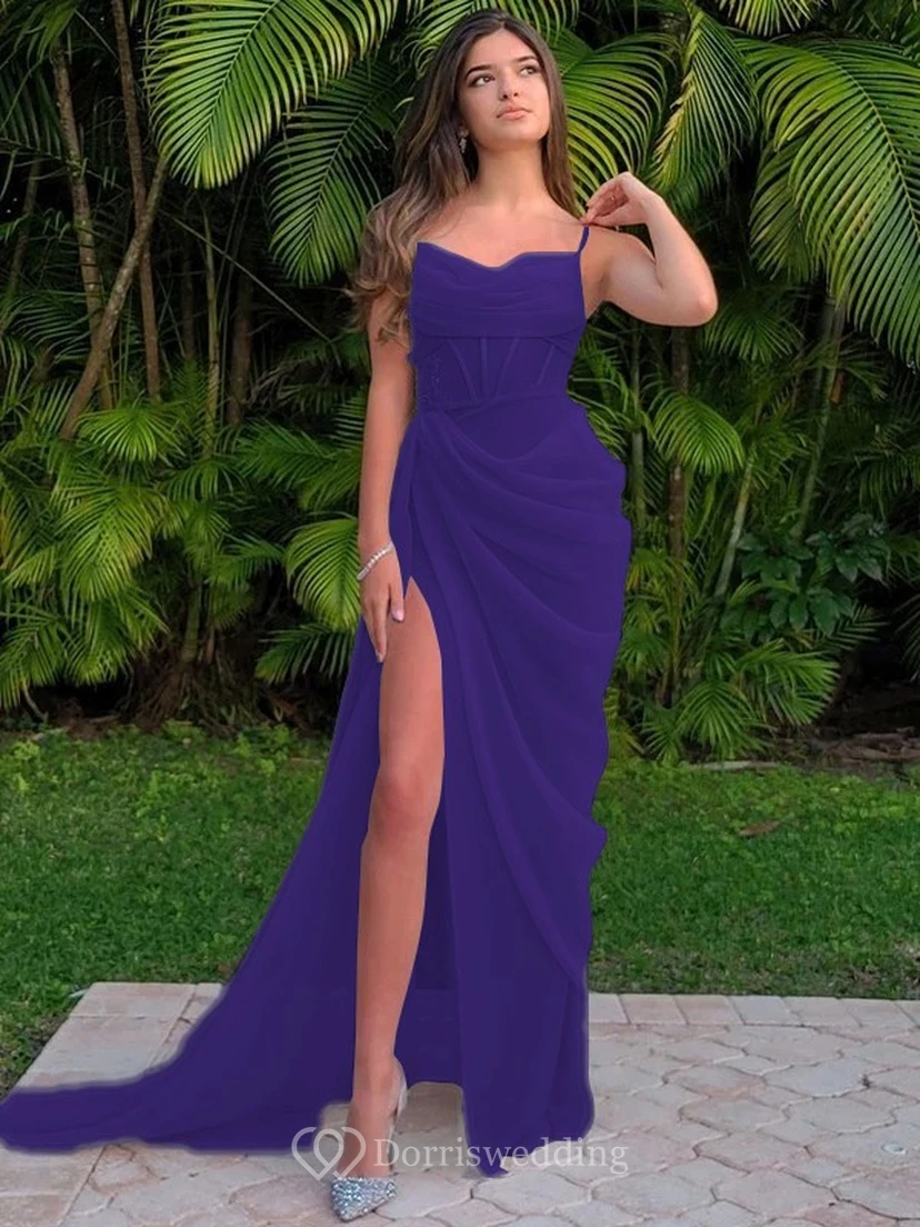 Spaghetti Ruched Sexy Front Split Sheath Side-ruched Prom Dress view 39