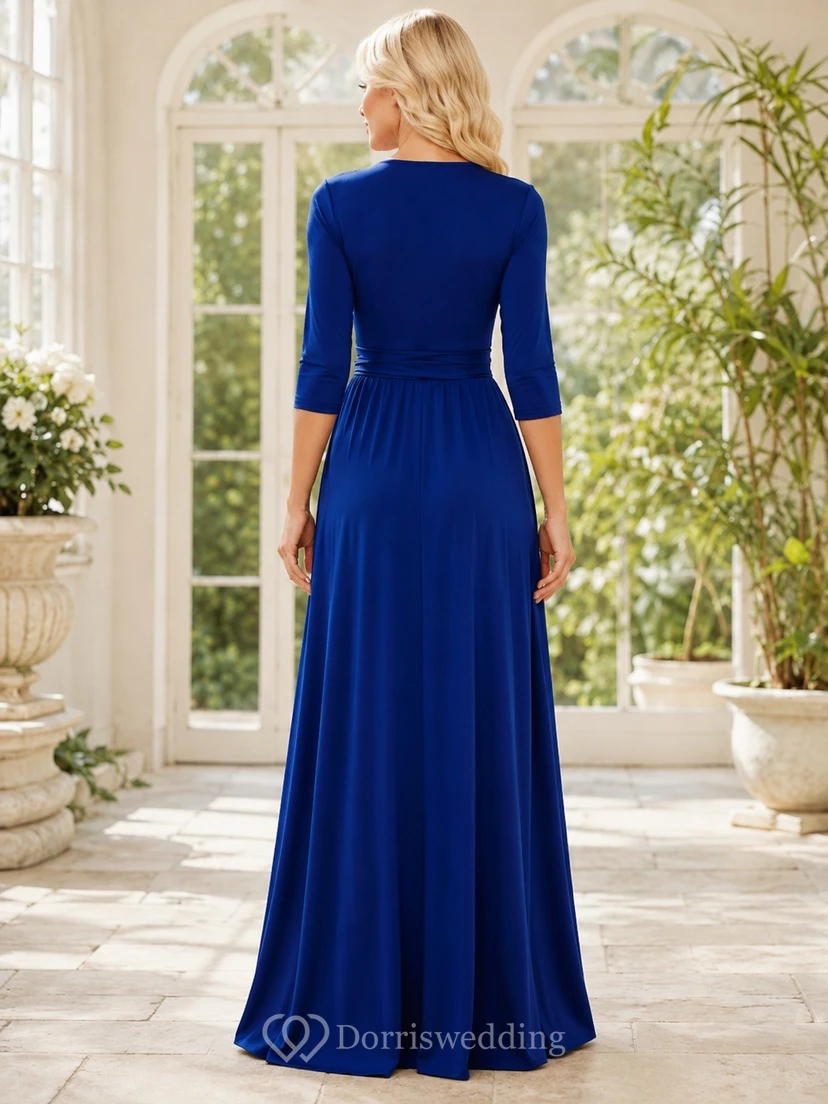Cobalt Blue Three Quarter Sleeve V Neck Wrap Split Front Dress view 2
