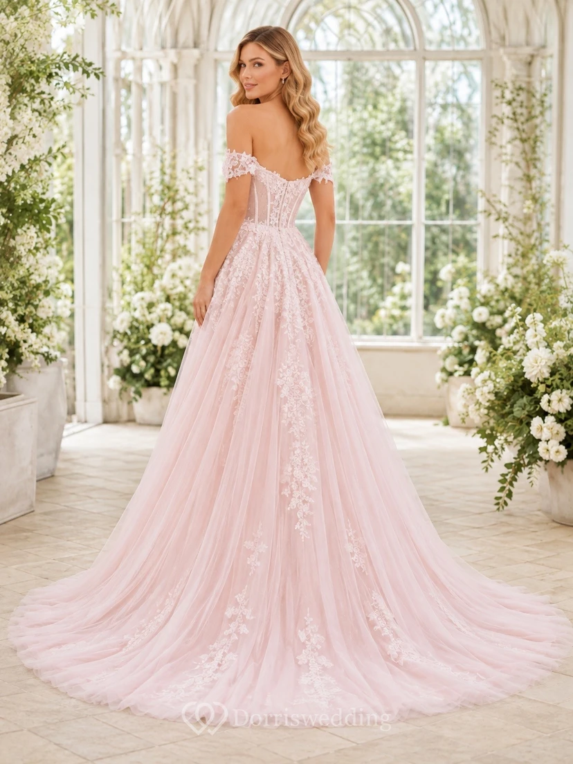 Vestido de novia elegante de estilo bohemio romántico con hombros descubiertos, corte A y encaje. view 2