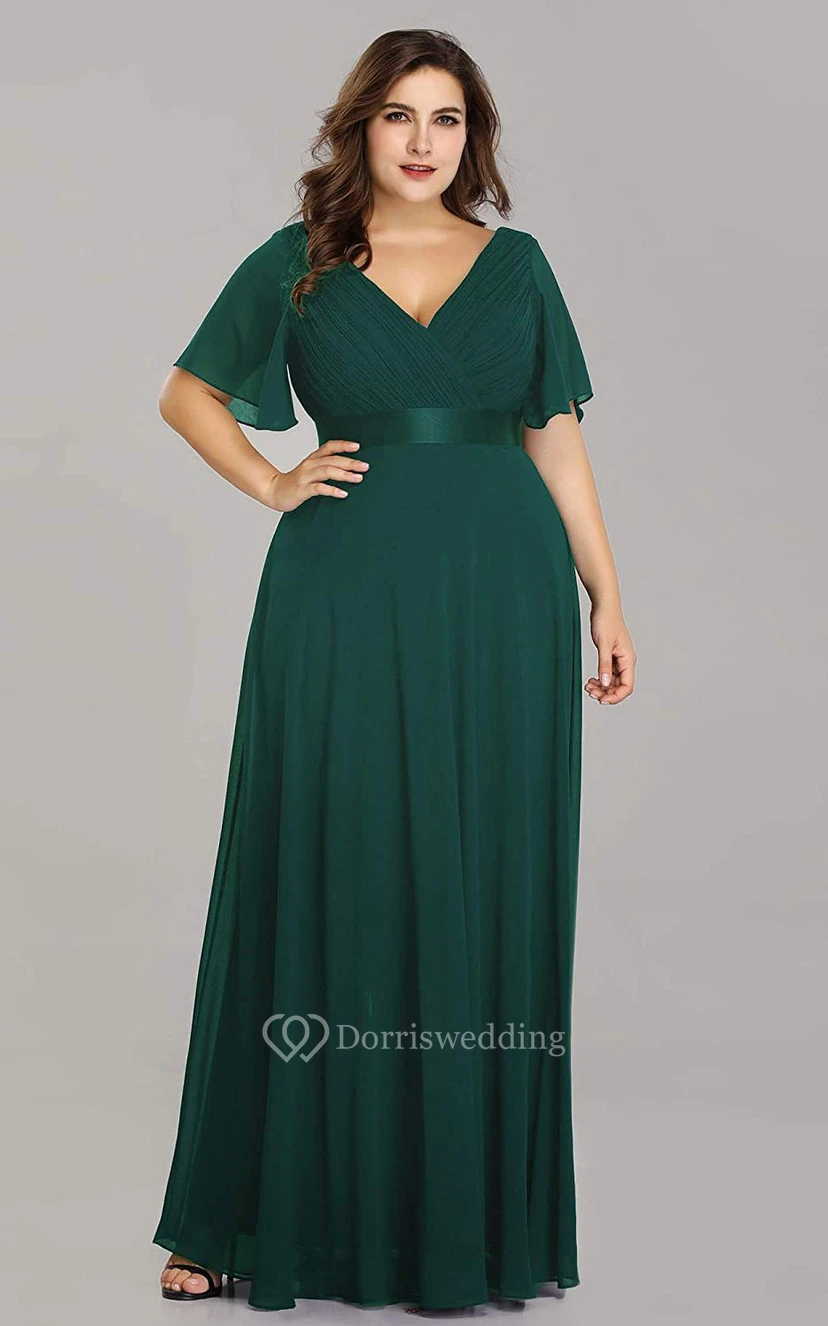 Romantic Chiffon V-neck Half Sleeve A Line Formal Dress With Criss Cross and Ruching view 11