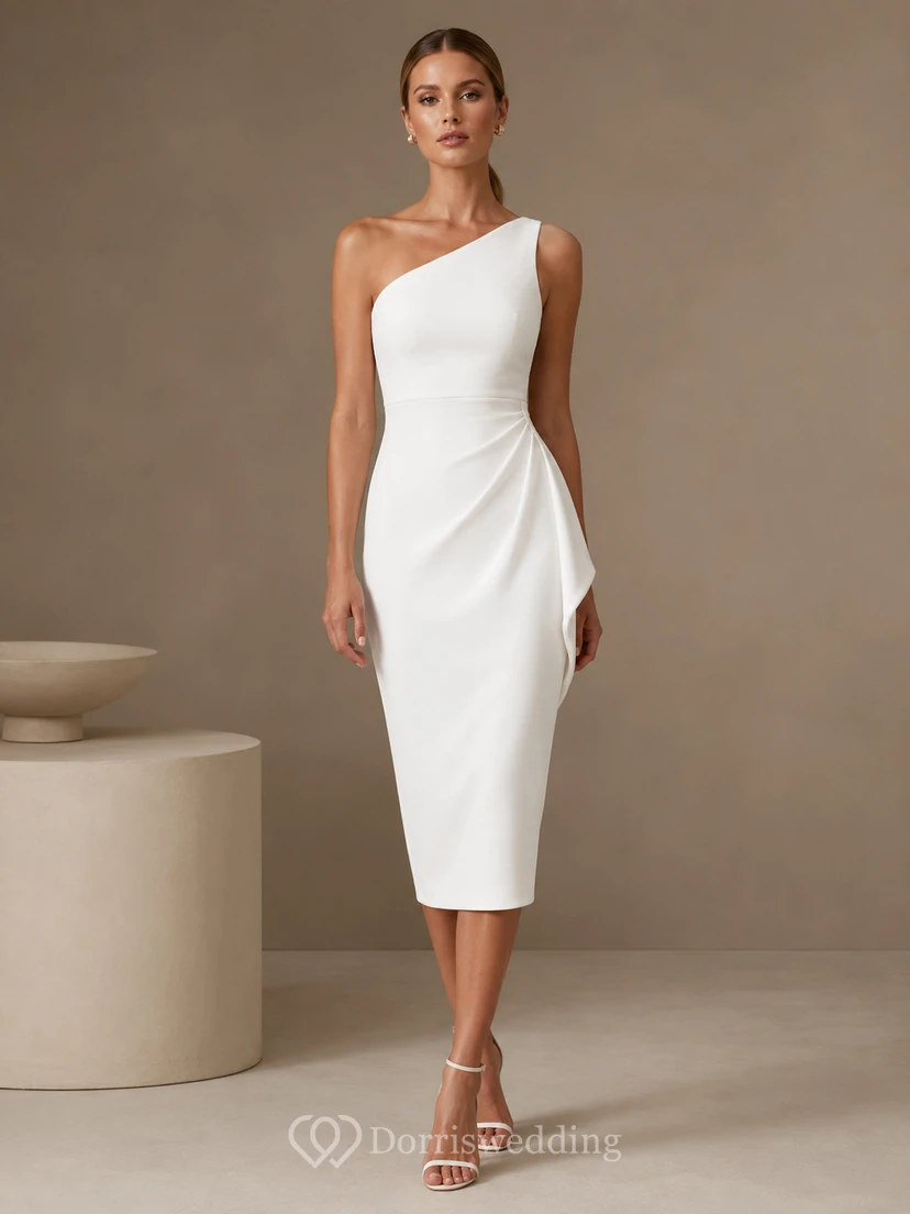 Asymmetric Midi White Sheath Tea-Length One-Shoulder Sleeveless Satin Modern Cocktail Dress