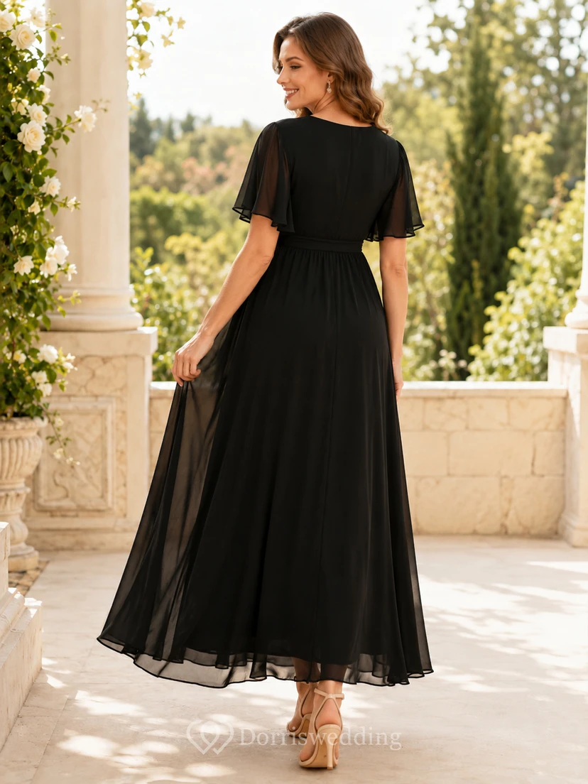 Schwarzes Umstandskleid aus Chiffon, A-Linie, knöchellang, mit flatternden Ärmeln, V-Ausschnitt und Volantärmeln view 2