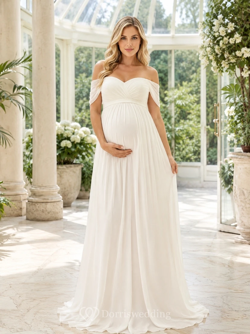 Maternity Off Shoulder White A-Line Chiffon Floor Length Gown