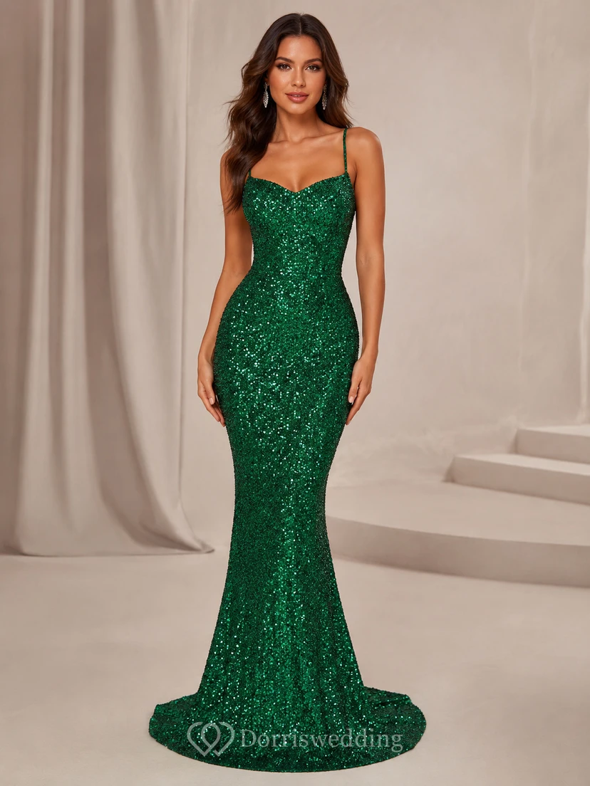 Fitted Dark Green Sequin Spaghetti Strap Mermaid Prom Dress