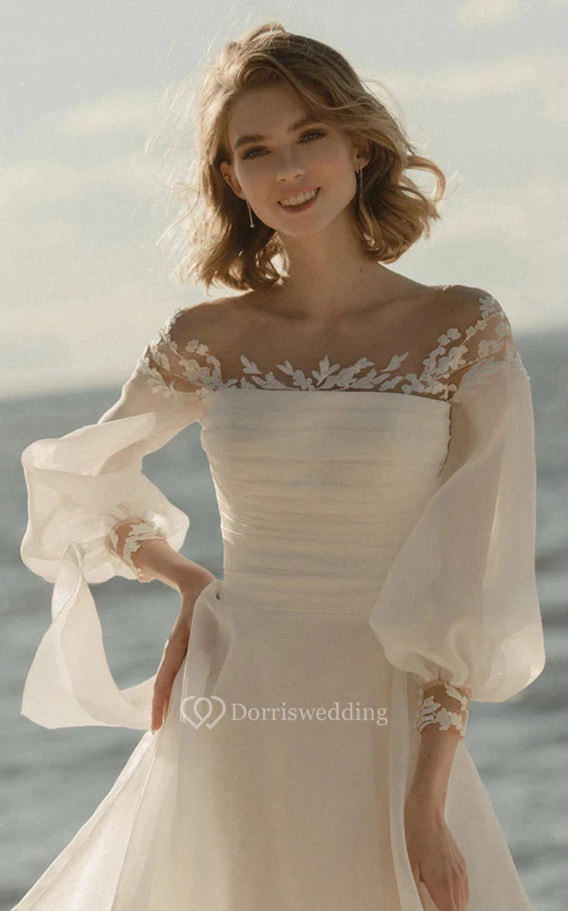 Strand-Puff-Brautkleid mit 3-4 Ärmeln, Rundhalsausschnitt, gerafftem Tüll und Schleife view 5