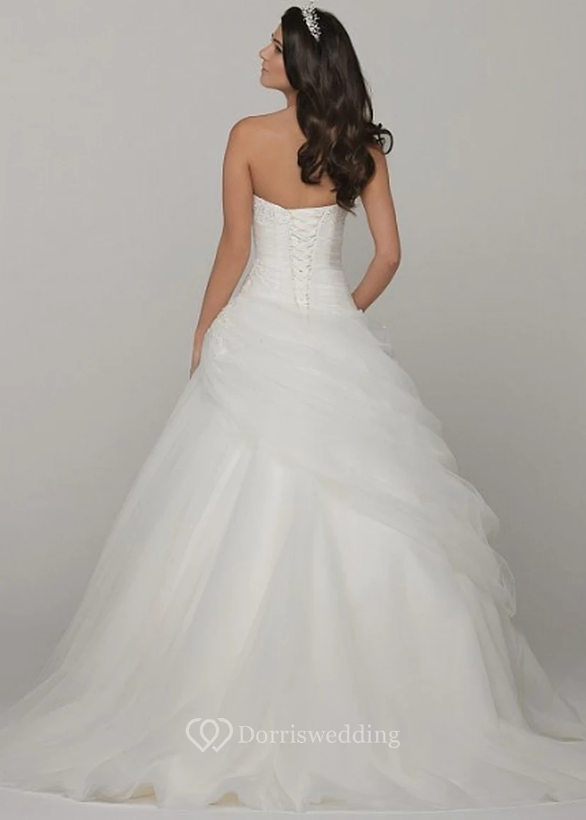 Ball Gown Sleeveless Strapless Long Beaded Tulle Wedding Dress With Pick Up view 2