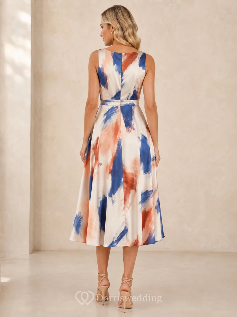 Brushstroke Satin Sleeveless V-Neck Wrap A-Line Midi Guest Dress view 2