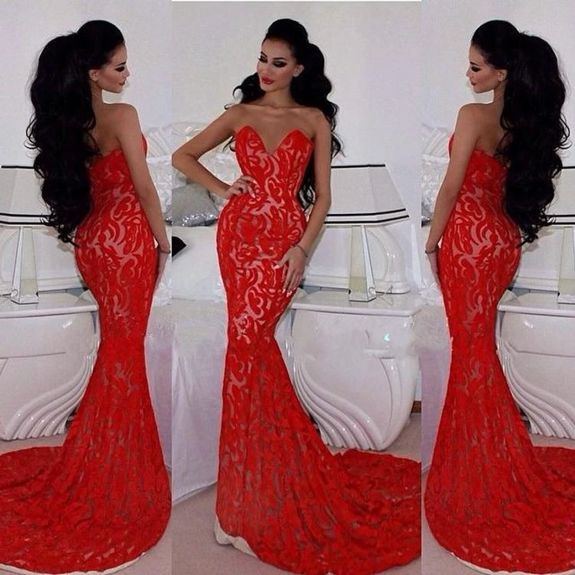 Sexy Red Lace Mermaid Evening Dress Sweetheart Sleeveless Sweep Train view 2