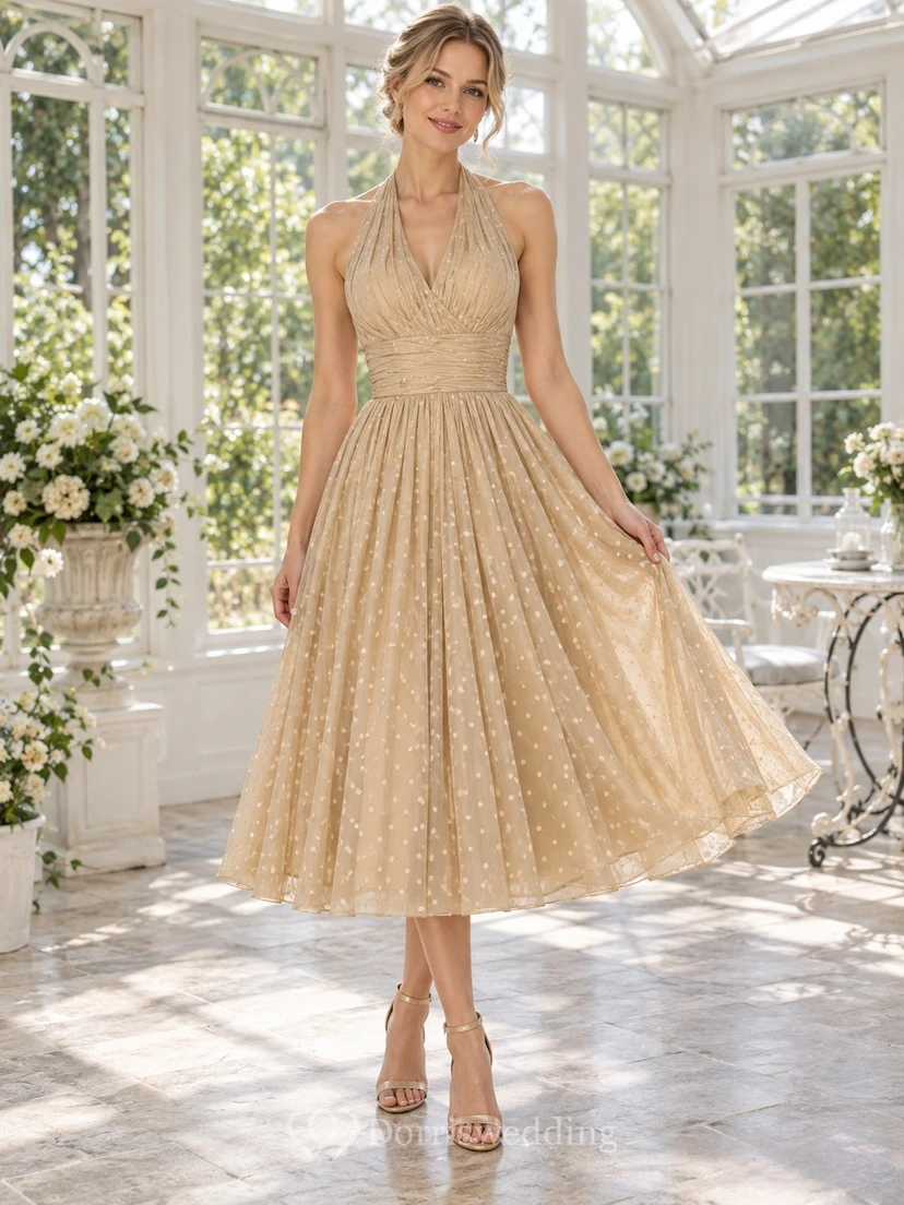 Tea-length Vintage Champagne Halter Dotted Tulle A-line Prom Dress