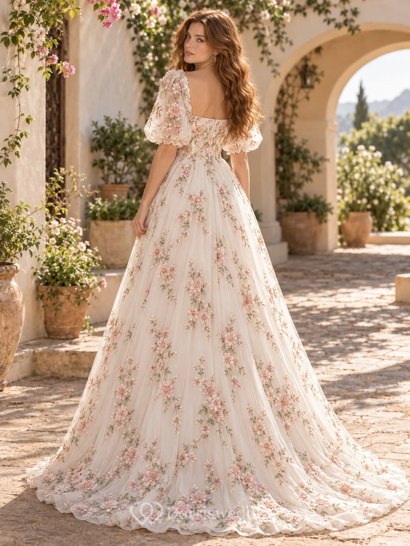 Boho Floral Square Neck Puff Sleeve A-Line Wedding Dress view 2