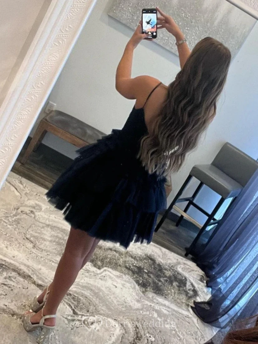 Navy Blue V-Neck Ruffle Evening Dress view 6