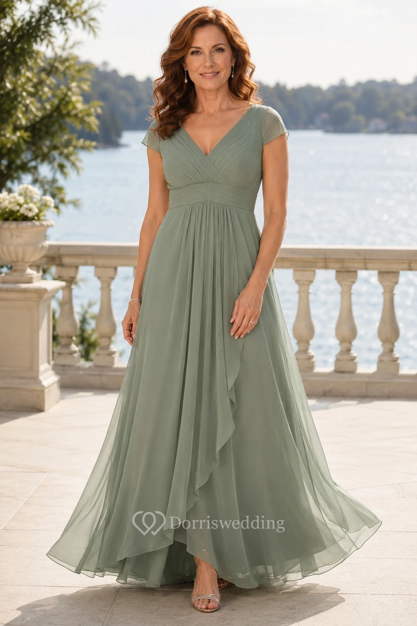 Sage V-Neck Chiffon A-Line Mother Dress with Side Ruffle