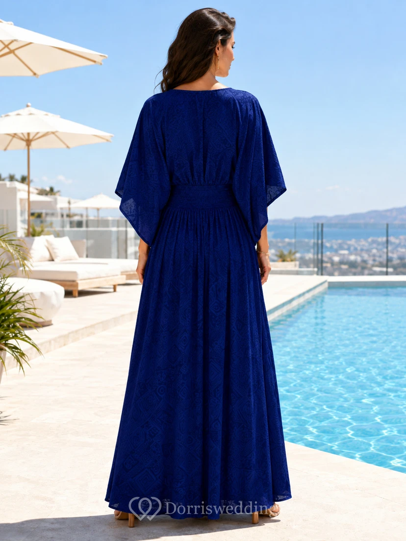 Royal blue V-neck kimono sleeve poolside maxi dress view 2