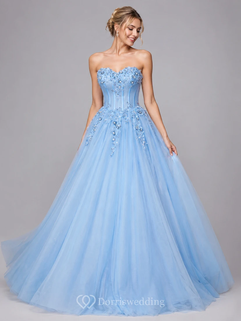 Luxuriöses, marineblaues, trägerloses Ballkleid mit Spitzenapplikationen für formelle Anlässe wie Abschlussball oder Gala view 7