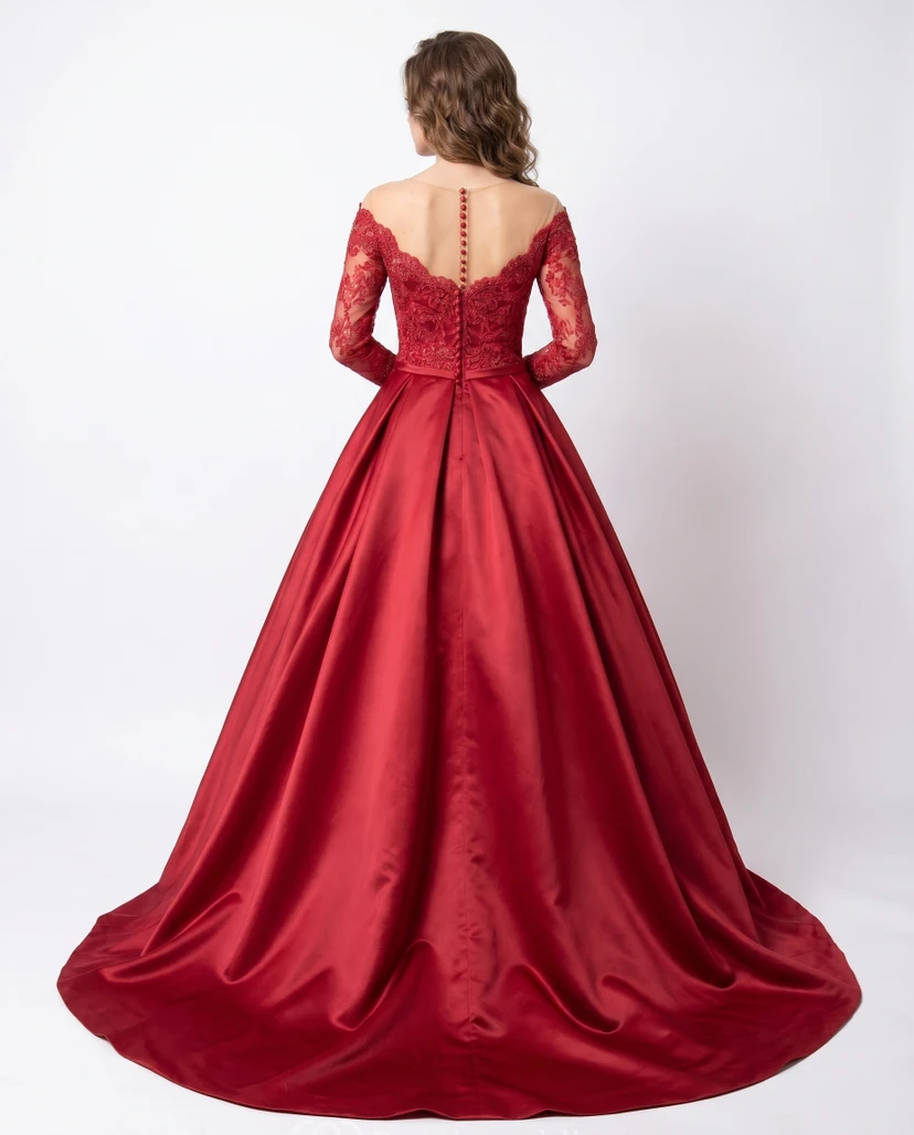 Red Satin Ball Gown MOB A-Line Dress with Long Lace Sleeves view 2