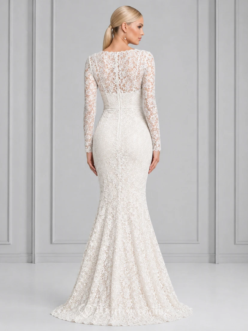 Robe de mariée sirène élégante en dentelle à manches longues et décolleté en V illusion, pour réception view 2