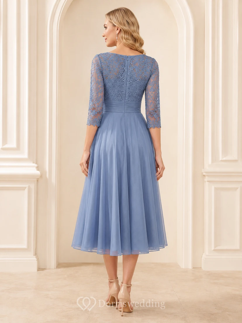 Elegante vestido de tul de corte A, largo hasta la rodilla, estilo barco, color azul acero, con mangas tres cuartos y corte mao. view 2