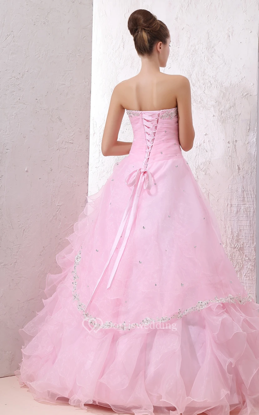 Zartrosa Ballkleid mit Herzausschnitt, Rüschen und Perlenbesatz view 2
