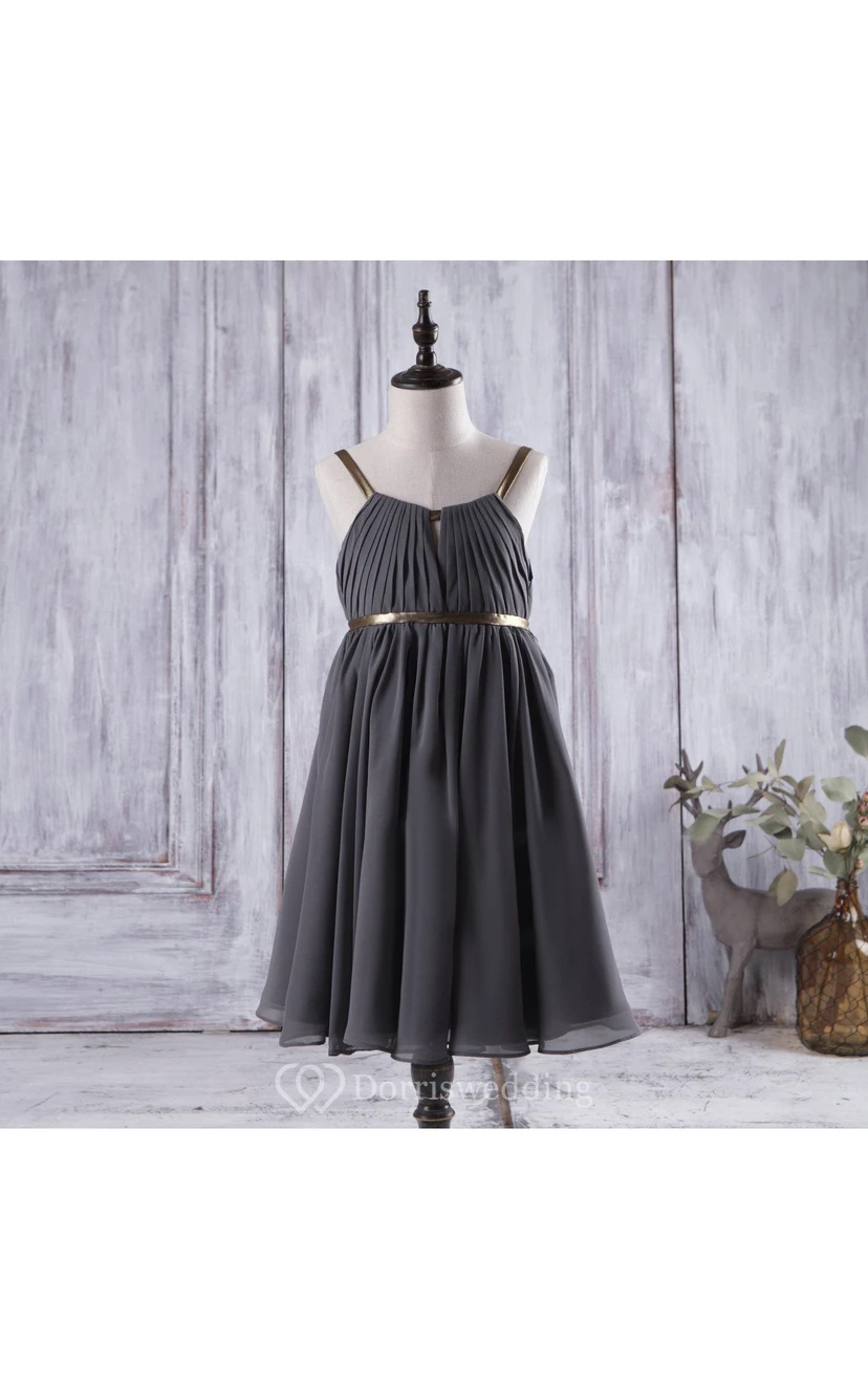 Spaghetti Straps Pleated Chiffon Long Dress With V Back and Keyhole