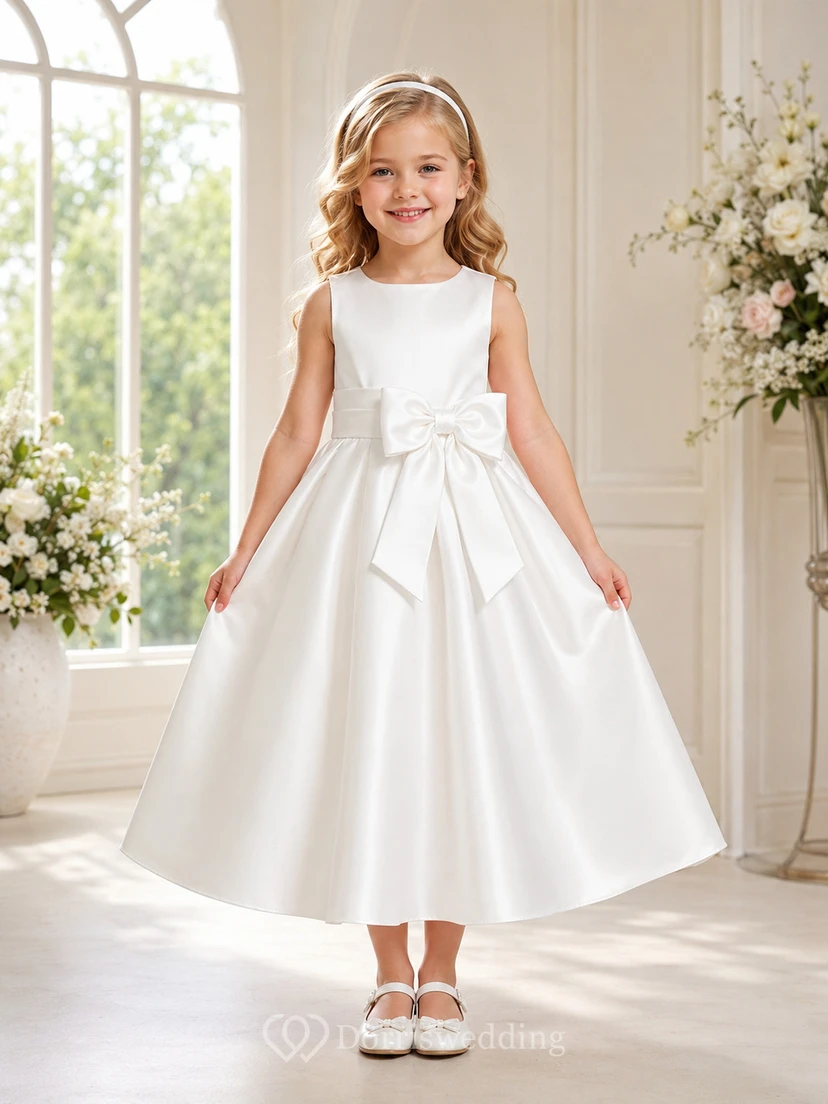 Vestido de niña de las flores, satén color marfil, corte en A, cuello joya, largo midi, detalle de lazo.