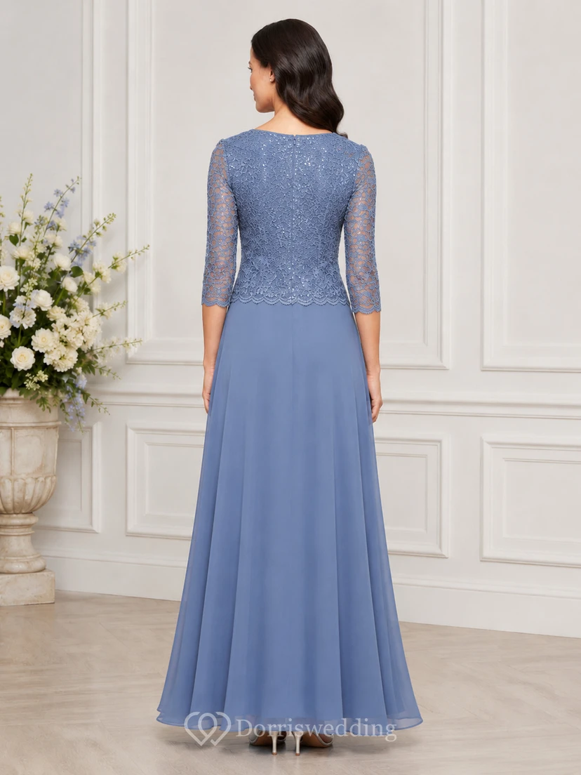 Robe de mariée trapèze en dentelle pour la mère de la mariée, col en V, manches 3/4 et perles de dentelle, longueur au sol view 2