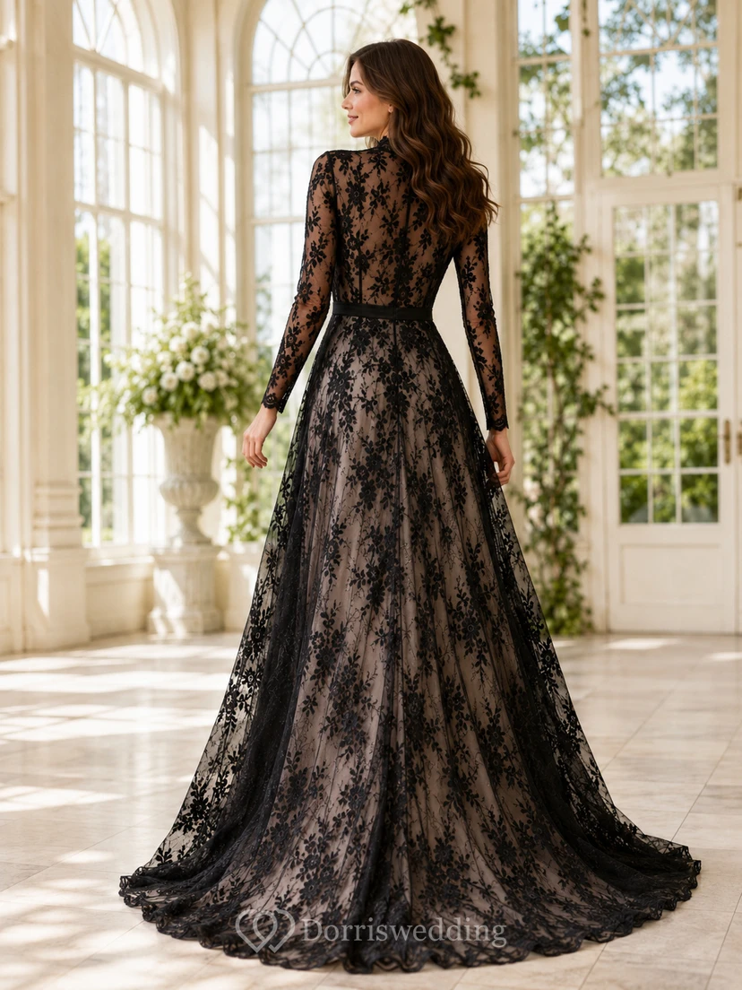 Vintage Black High Neck Long Sleeve Lace A-Line Illusion Back Wedding Dress view 2