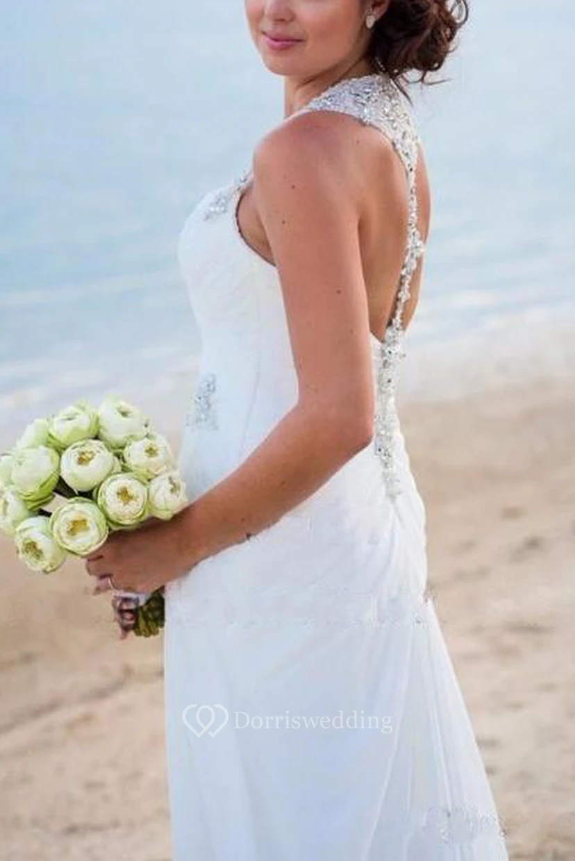Elegantes Vintage-Strandkleid mit V-Ausschnitt, Perlenbesatz, rückenfreiem Schnitt und Schlitz vorne view 2