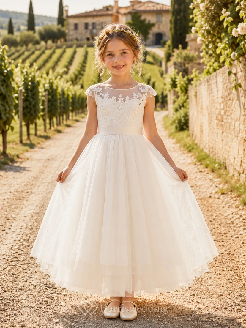 Elegante y modesto vestido de niña de las flores, cuello alto, manga corta, encaje, tul, largo hasta la rodilla, lazo de cinta en la parte trasera.