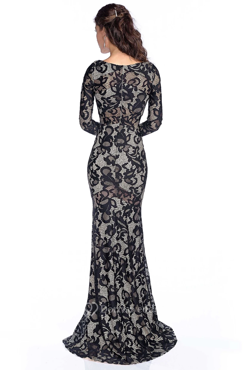 Trumpet Long Sleeve Lace Gown Featuring Brush Train And Beadings view 2