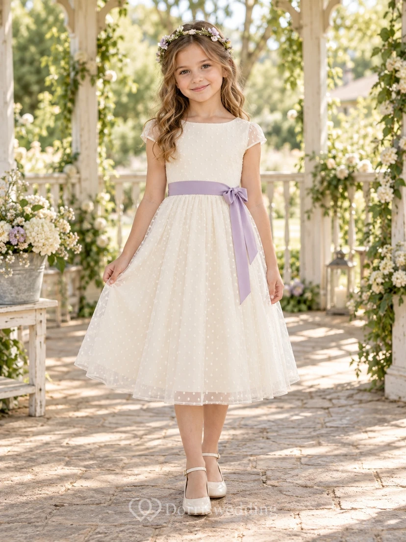 Vestido de niña de flores de corte A, de tul color marfil, manga corta y estampado de lunares, con fajín lavanda, hasta la rodilla.