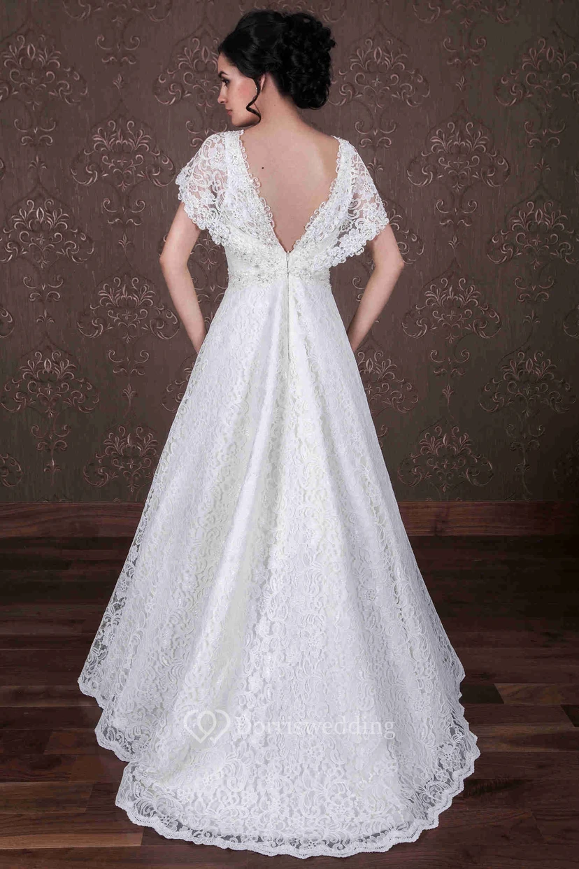 A-Line Poet-Sleeve V-Neck Lace Wedding Dress With Waist Jewellery view 2