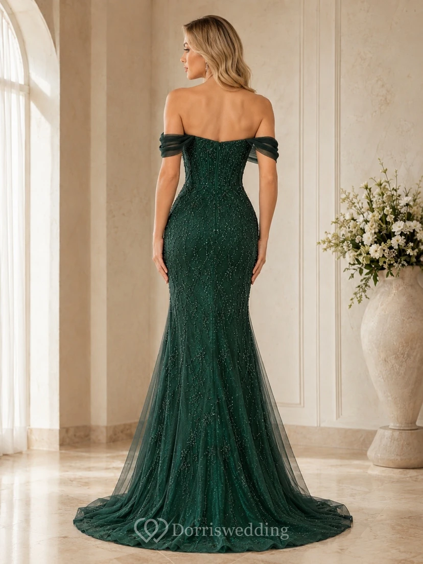 Mermaid Off Shoulder Lace Sweep Train Luxury Formal Evening Dress view 2