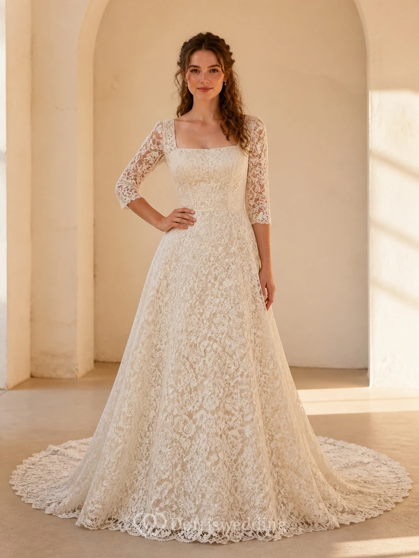 Vestido de novia vintage de gala con escote cuadrado, mangas tres cuartos y largo hasta el suelo, con escote de volantes llamativos.