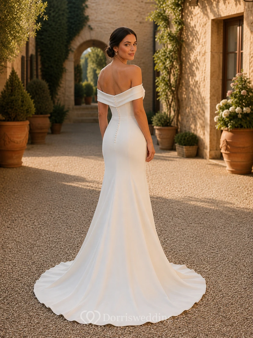 Robe de mariée sirène simple en crêpe à épaules dénudées et dos boutonné view 2