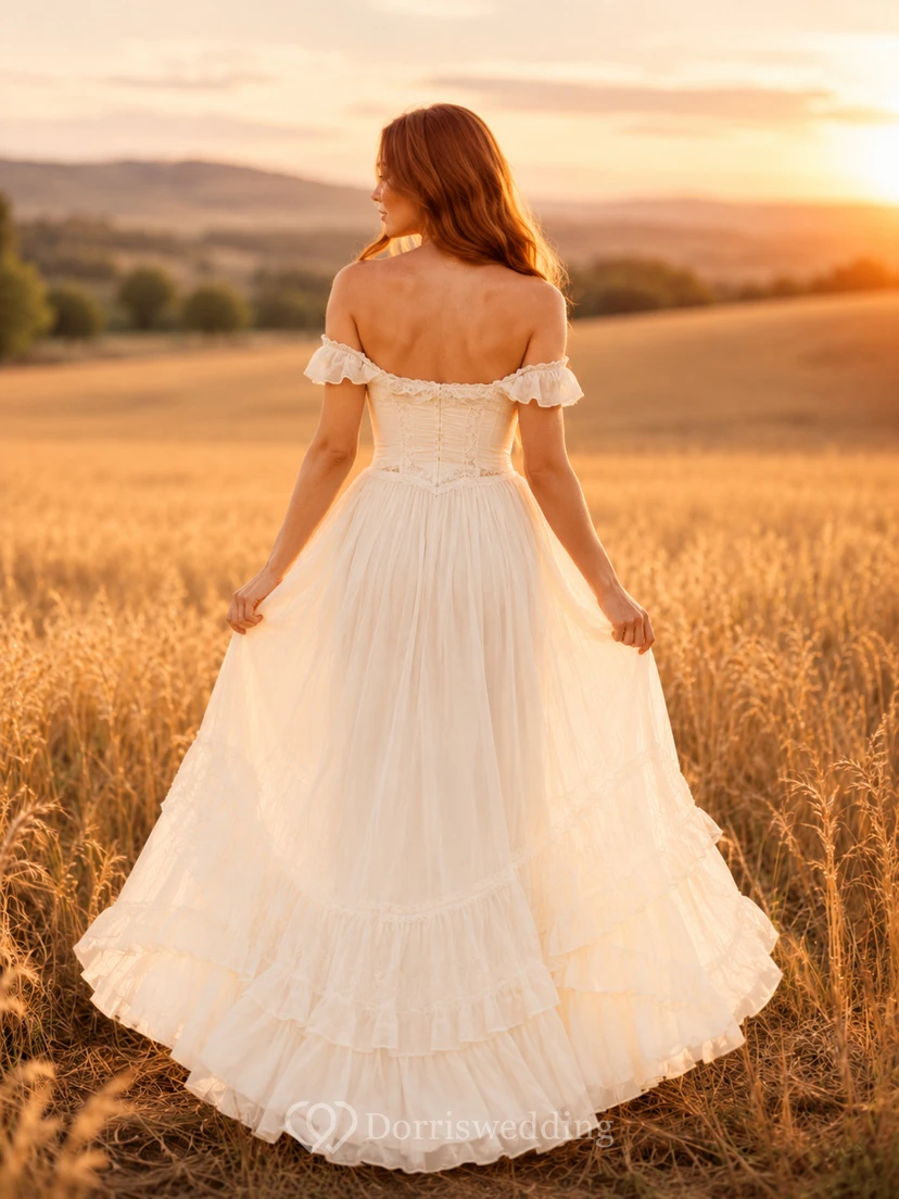 Pale off shoulder puff sleeve layered tulle maxi dress view 2