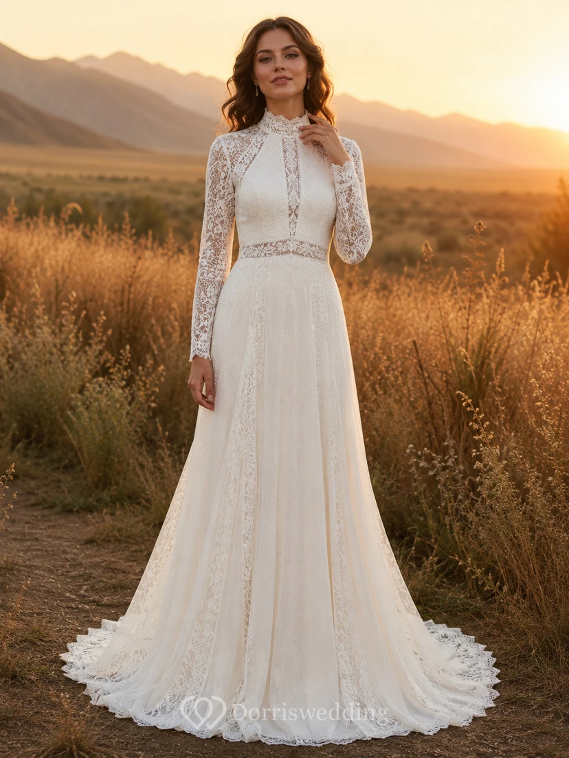 Robe de mariée bohème à col montant, en dentelle et manches longues, style prairie