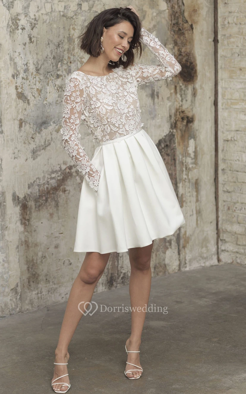 Robe de mariée moderne trapèze courte/mini longueur genou à manches longues avec appliques