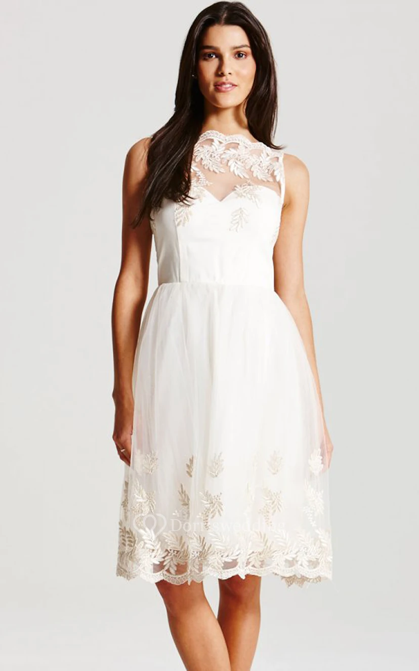 High-Neck Knee-Length Dress With Lace And Illusion Straps