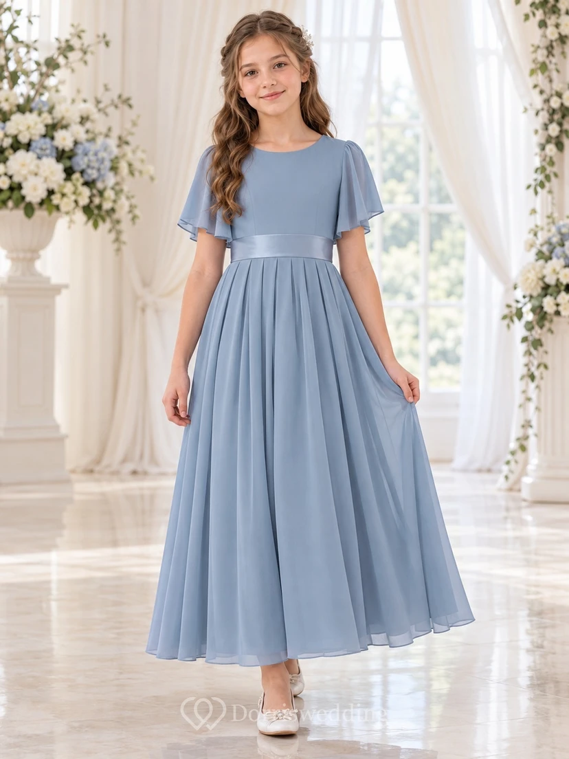 Simple Modest Ankle-length Steel Blue Jewel Neck Short Bell Sleeve Pleated Chiffon Flowergirl Dress