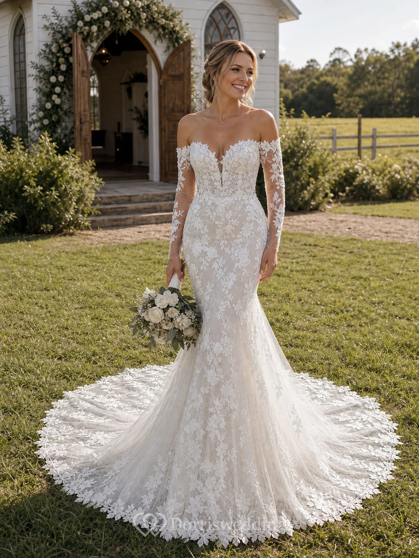 Vestido de novia elegante de encaje estilo sirena con mangas largas, escote de hombros descubiertos y efecto ilusión. view 9