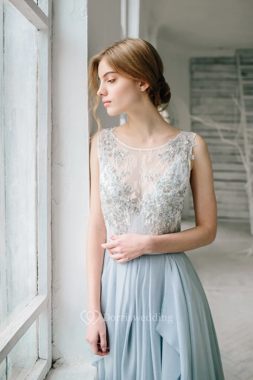 Ärmelloses, bodenlanges, lila Brautjungfernkleid mit Spitze und Perlen view 5