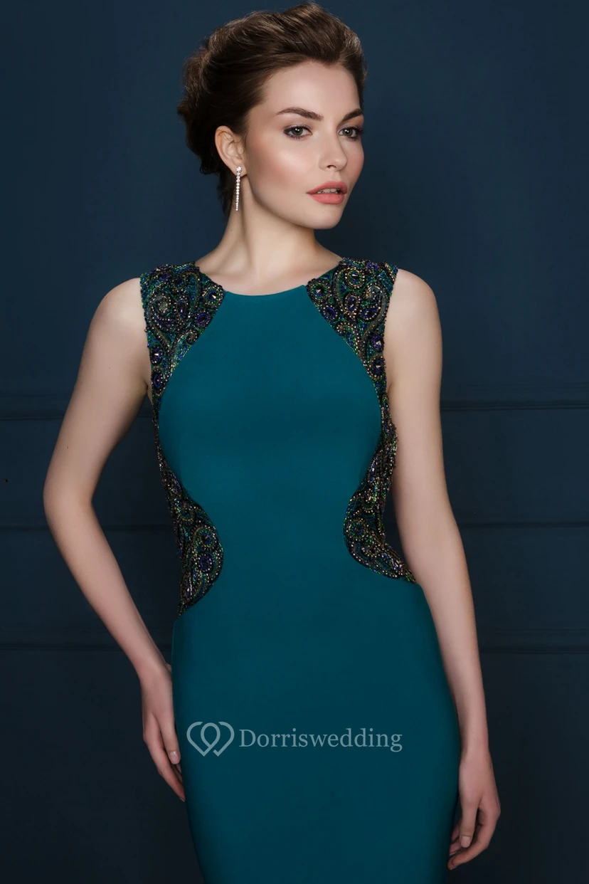 Sheath Long Beaded Scoop-Neck Sleeveless Jersey Evening Dress view 4