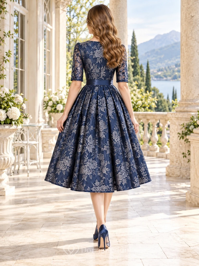Vintage Dark Navy Square Neck Laced Floral Jacquard Dirndl Dress view 2